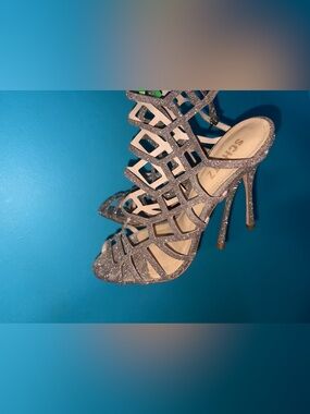 SCHUTZ Silver Glitter Cage Stiletto Heels